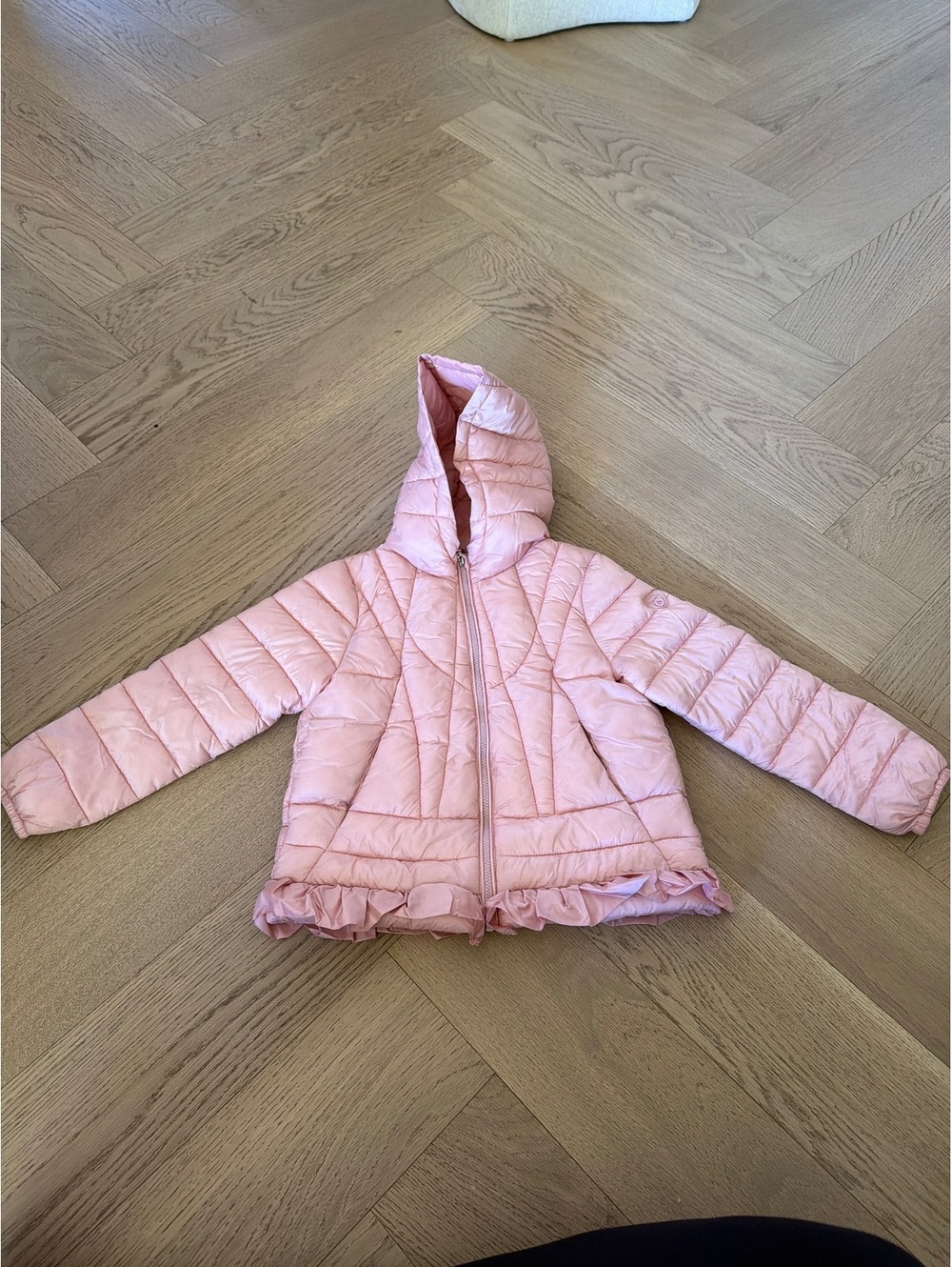 Mayoral Girls Puffer Jacket Size 6 116cm Pink Hooded Quilted Ruffle Coat